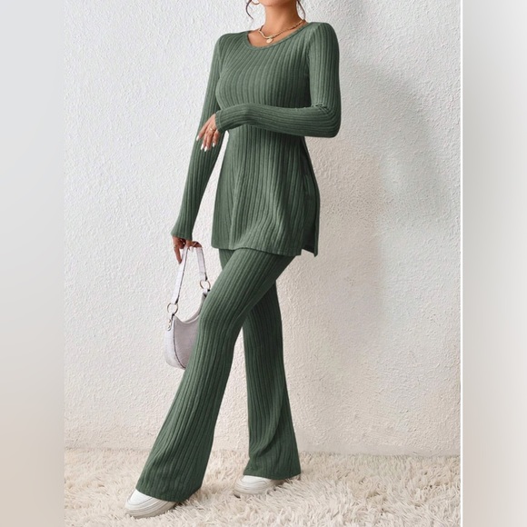 Beige Ribbed Split Hem Tee & Flare Leg Pants - Picture 2 of 8